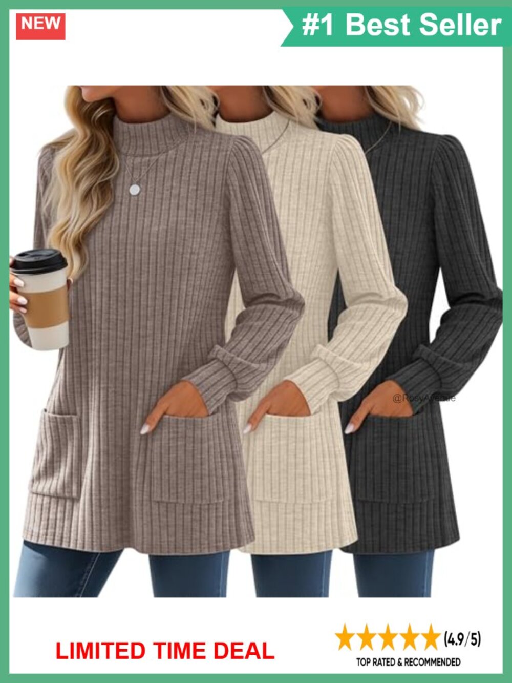 3 Pack Women's Mock Neck Ribbed Knit Tunic Sweaters with Pockets Long Sleeve